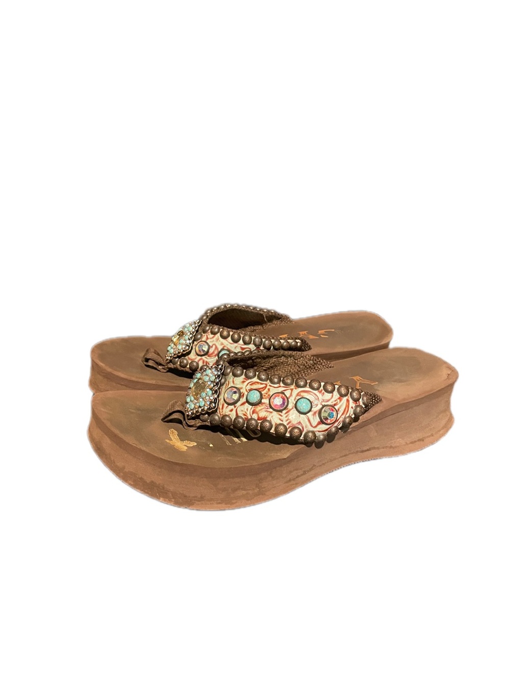 Gypsy Soule Brown Western Platform Flip Flops, Rhinestones/Turquoise Studs